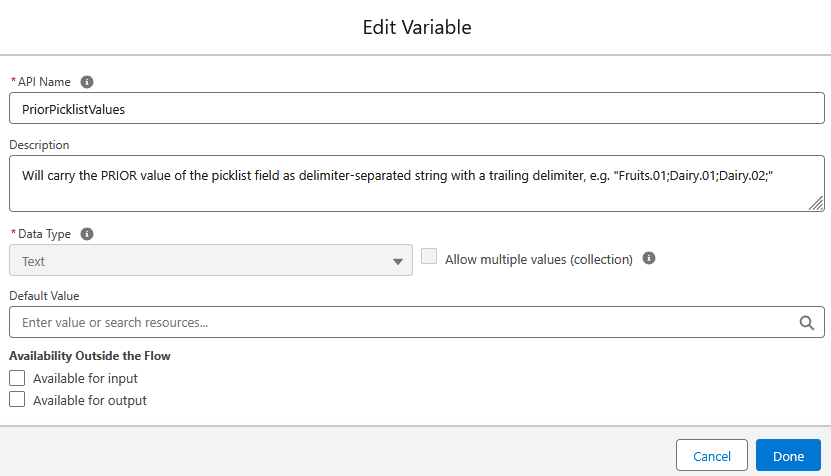 Text Variable: PriorPicklistValues